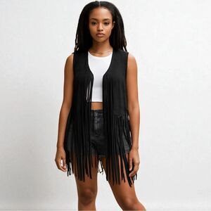 Black Suede Open Front Fringe Vest NWT